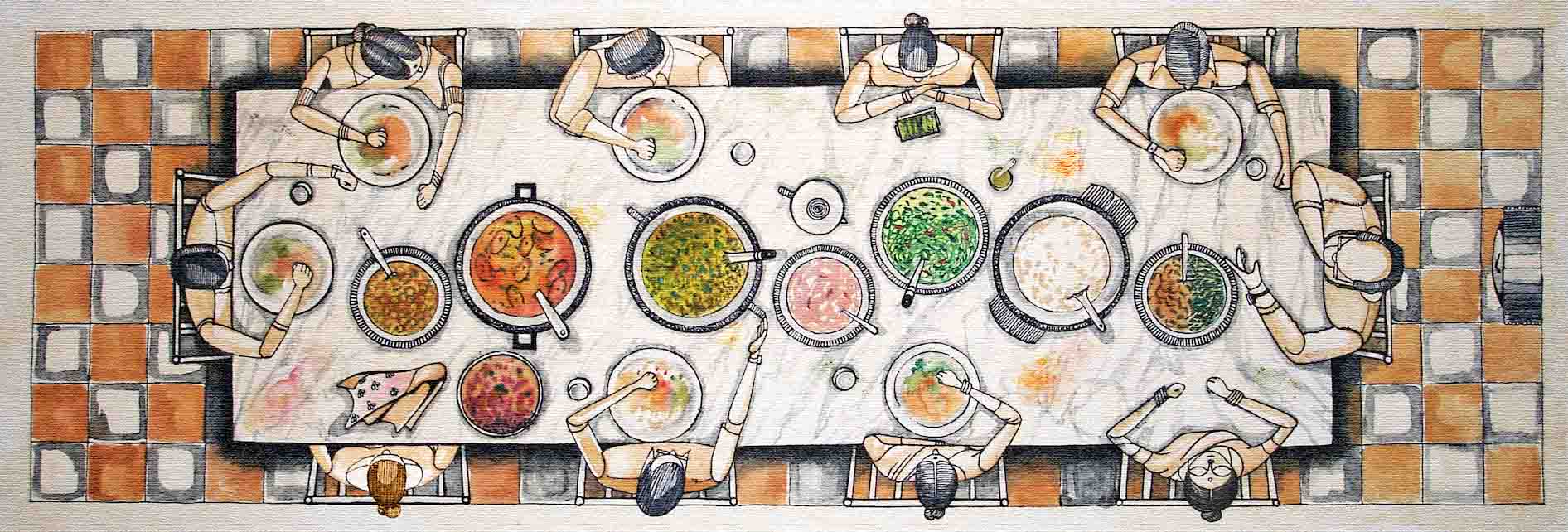 A drawing of a group of people sitting at a table with food.
