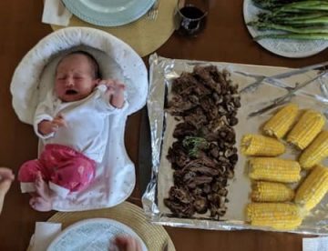 An image consisting of a baby next to a postpartum roast.