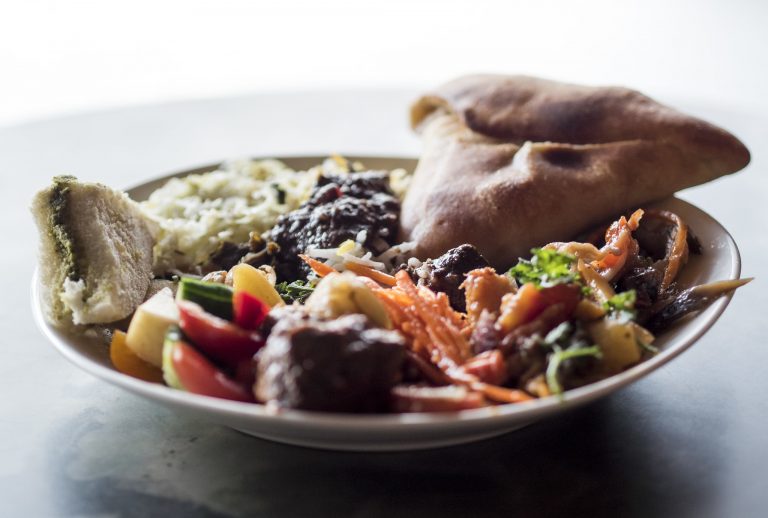 A plate of assorted dishes.